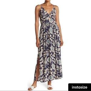 Angie Twist Front Keyhole Floral Maxi Dress - Blue and White, Size L